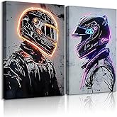2 Pieces Neon Race Car Driver Canvas Wall Art Racing Helmet Wall Decor Boys Room Poster Prints Esports Room Paintings Pictures for Living Room Bedroom Ready to Hang (12x16in Canvas)