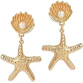 Frigotine Gold Starfish Shell Cowrie Mermaid Dangle Earrings for Women, Trendy Statement Pearl Seashell Earing Dangling Summer Beach Jewelry Gift