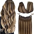 GOO GOO Wire Hair Extensions Human Hair, 4/27/4 Chocolate Brown with Caramel Blonde Balayage 20inch 110g, Invisible Wire Hair Extensions with Transparent, Seamless Fish Line Hairpiece
