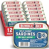 Bumble Bee Sardines in Water with No Salt Added, 3.75 oz Tin (Pack of 12) - Wild Caught, Gluten Free, Keto, Kosher, Clean Ingredients