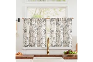 JINCHAN Floral Linen Kitchen Curtains Light Filtering Tier Curtains French Farmhouse Small Window Curtains for Living Room Bathroom RV Cafe Curtains 24 Inches Long Set 2 Panels Rod Pocket Black Flower