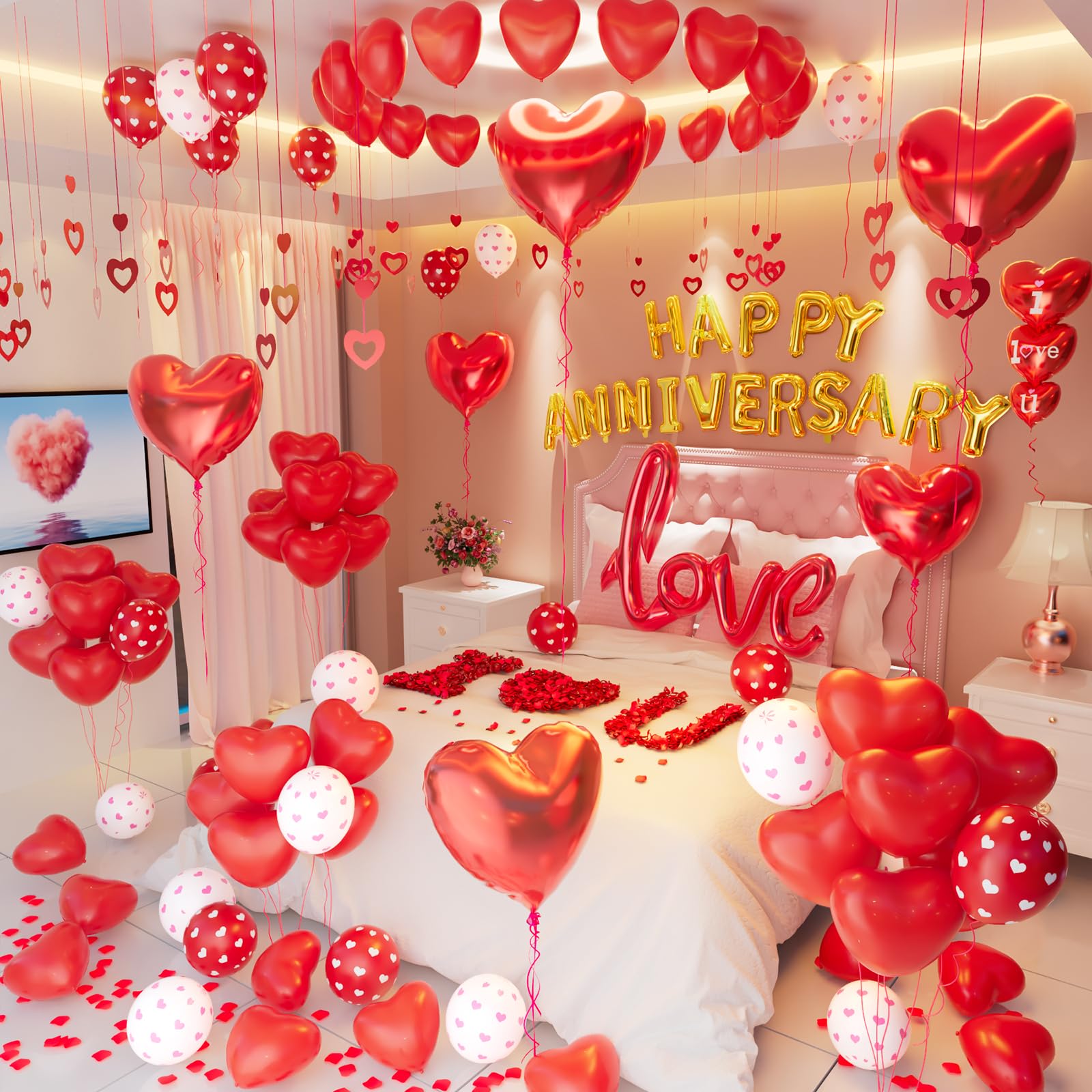 Anniversary Decorations Valentines Day Balloons Arch with Happy Anniversary Banner Heart I Love You Balloons Red Felt Heart Hanging String Rose Petals for Valentines Romantic Decorations