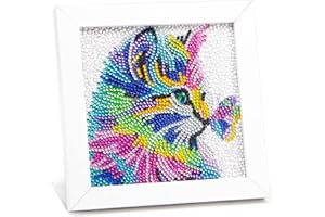 AyuqEjus 5D Diamond Art Kits for Kids with 7.1"X7.1"Wooden Frame, Diamond Art for Kids Ages 6-12 by Number Kits DIY Painting Arts and Crafts,Diamond Dots for Kids Gift (cat-butterfly)
