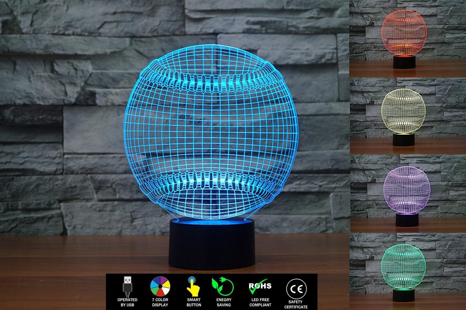 3D Baseball Illusion Lamp, LED Night Light with USB Power Cord and Wall Adapter