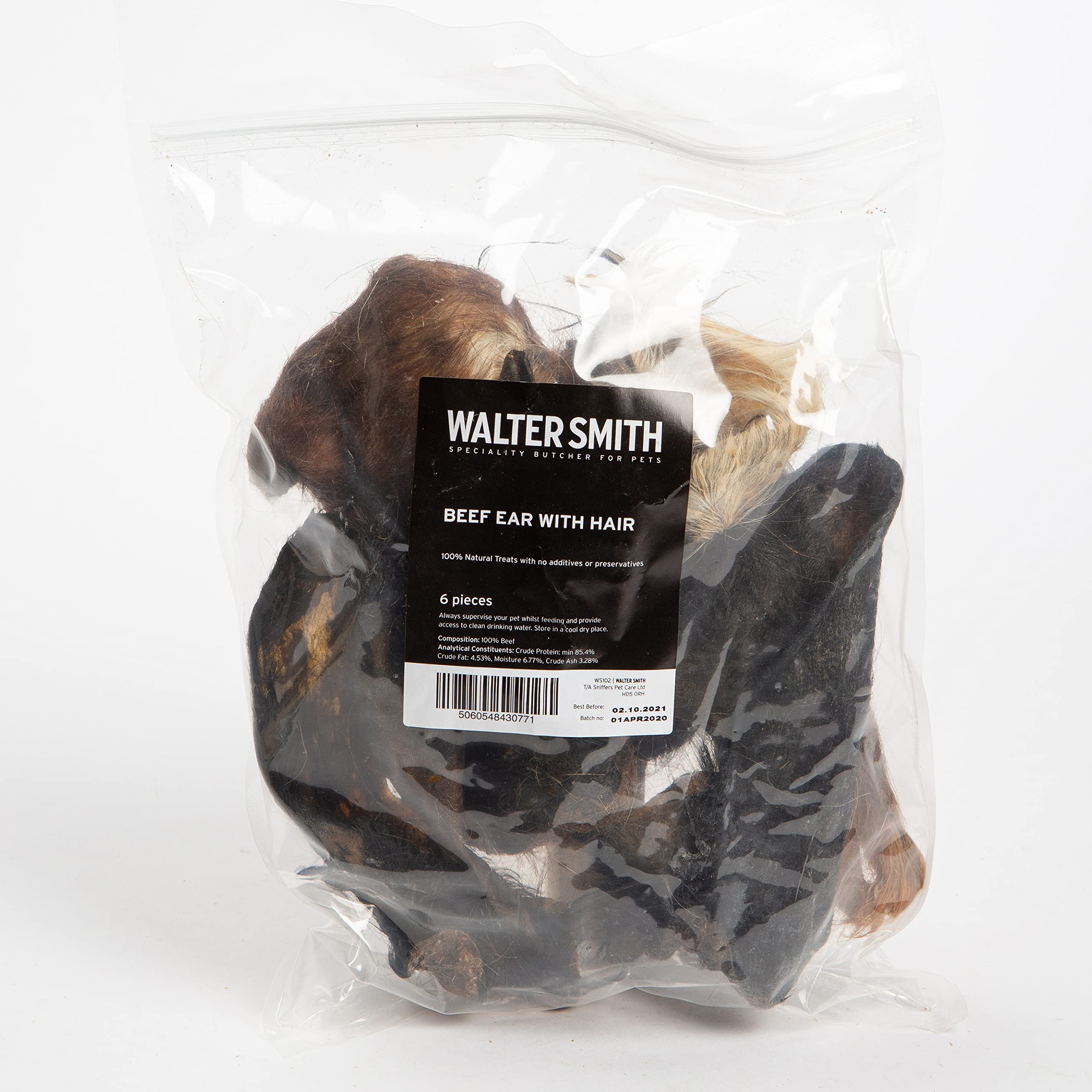 Walter Smith Natural Beef Ear With Hair – 6 Pieces – 100% Natural Dog Treat – No Artificial Colours or Preservatives – Natural Dog Chew