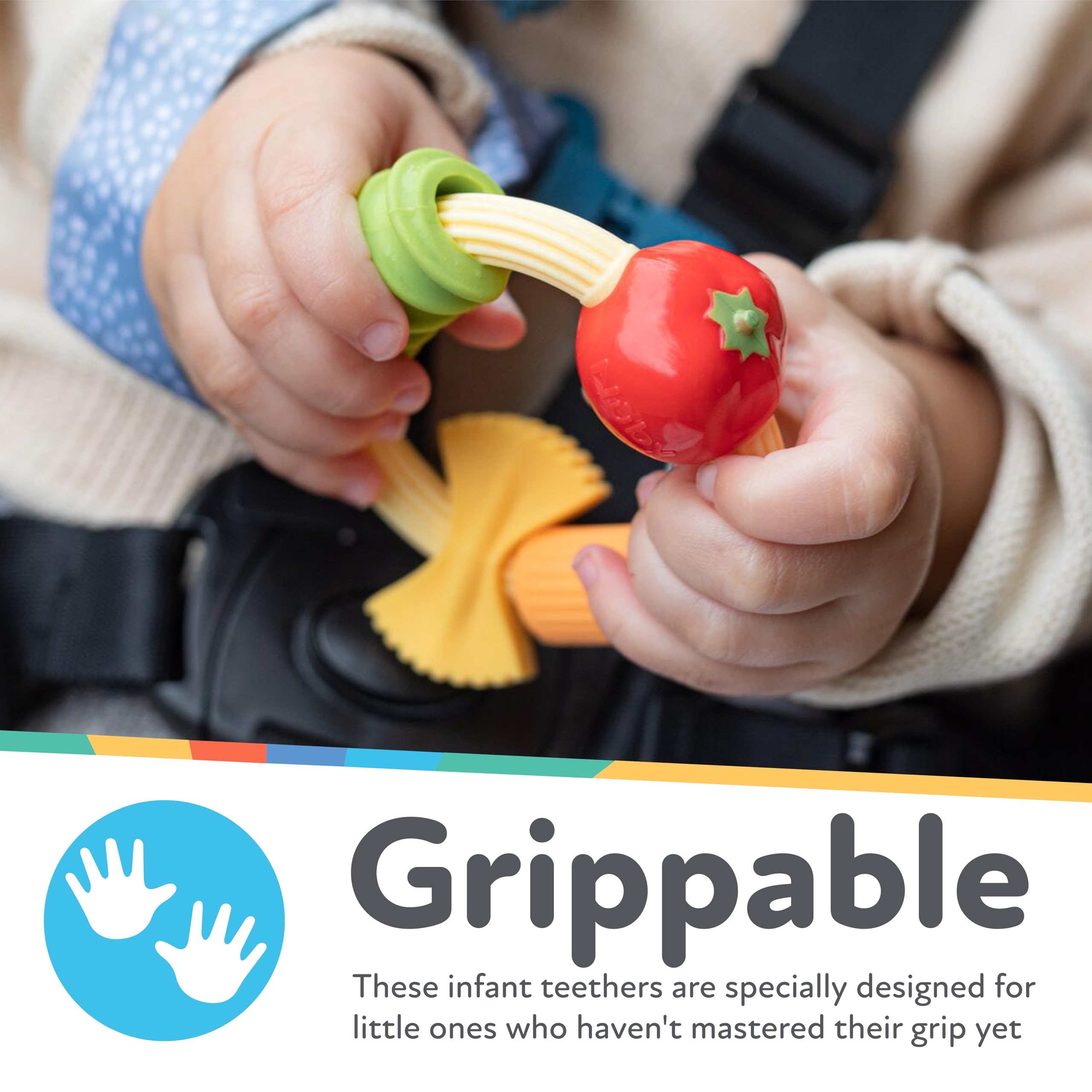 Nuby Pasta Ring Teether - 3+ Months - Soft, Silicone, Multi-Textured, Easy Grip Baby Teething Toy - Natural Teething Relief for Babies - Baby Stocking Stuffer