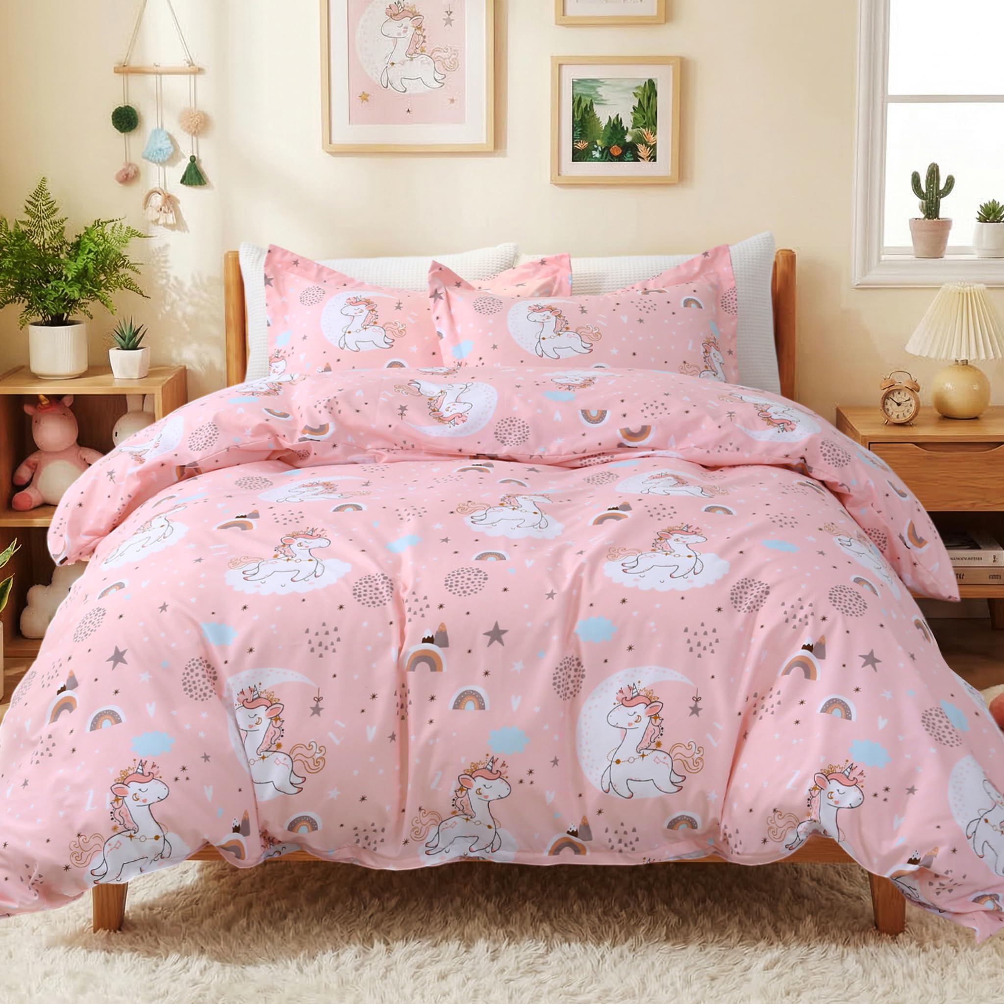 Photo 1 of ***DAMAGED ZIPPER -SELLING AS IS *** JSD Pink Unicorn Kids Duvet Cover Set Queen Size, 3 Piece Girls Printed Microfiber Bedding Comforter Cover with Pillow Shams Zipper Closure, Comforter Not Included