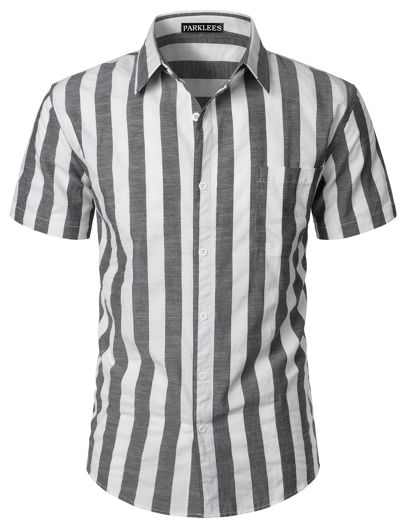 Photo 1 of PARKLEES Men's Summer Casual Button Down Striped Short Sleeve Shirt Cotton Linen Breathable Lightweight Beach Vacation Sailor Shirts Black Striped Medium