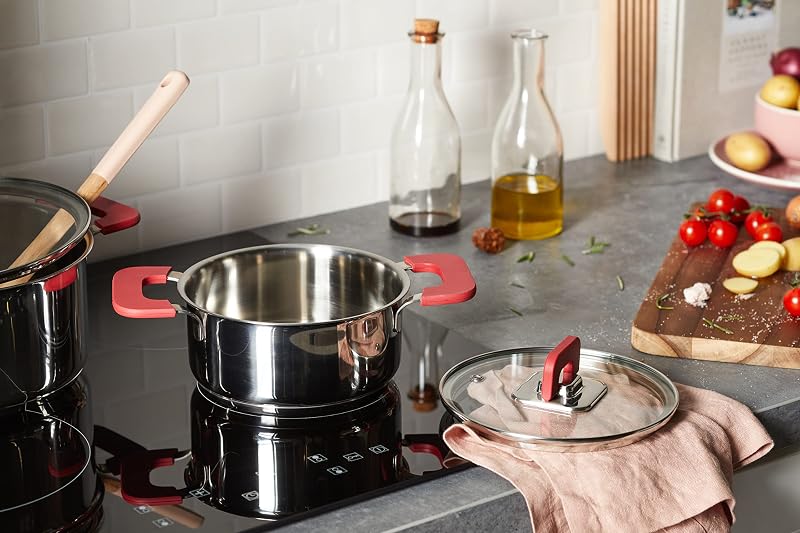 Batterie de Cuisine à Induction 3 Pièces en Acier Inoxydable - avec Couvercle Empilable, Poignée au Toucher Doux - 16/20/24 cm