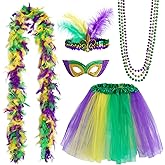 Mardi Gras Costume Accessory Set Tutu Skirt, Faux Feather Headband, Mask,Mardi Gras Beads,Feather Boa for Women and Girls (Style 1)