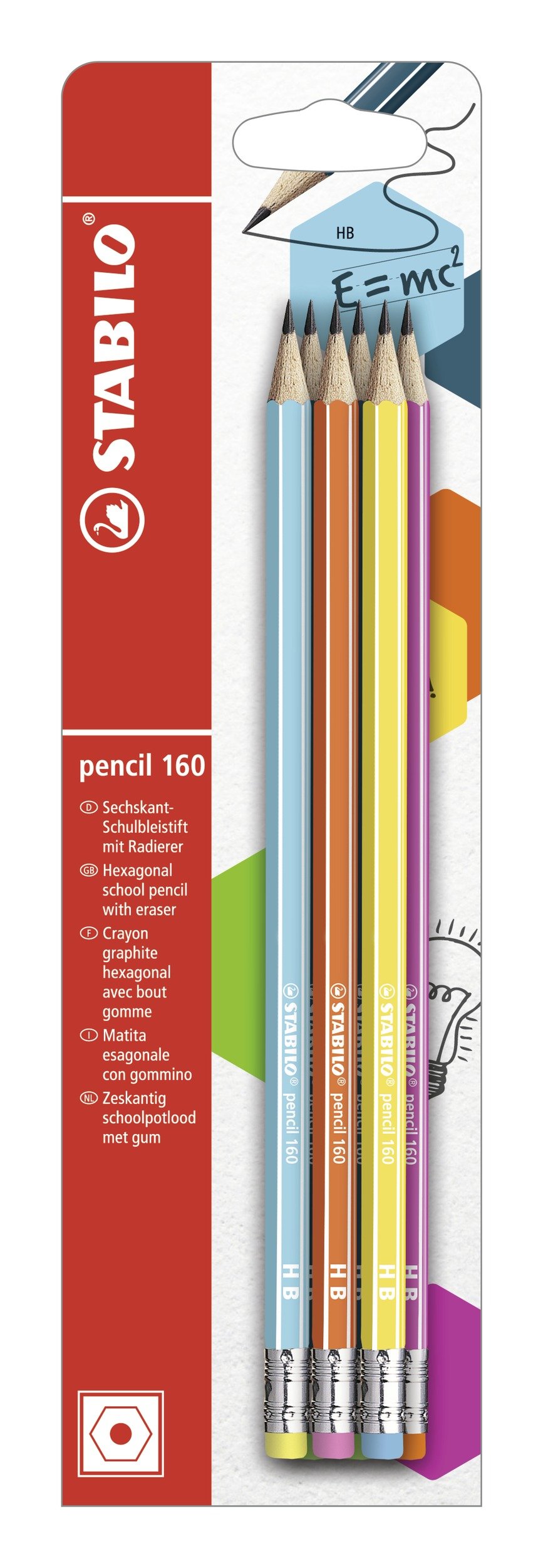 STABILO Graphite Pencil with Eraser pencil 160 - Pack of 6-2 x petrol, yellow, orange, blue, pink - HB