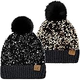 Funky Junque Women's Sequin Pom Beanies – Soft Knit Sparkly Bling Winter Hats for Women, Faux Fur Pom Glitter Sparkle Hat