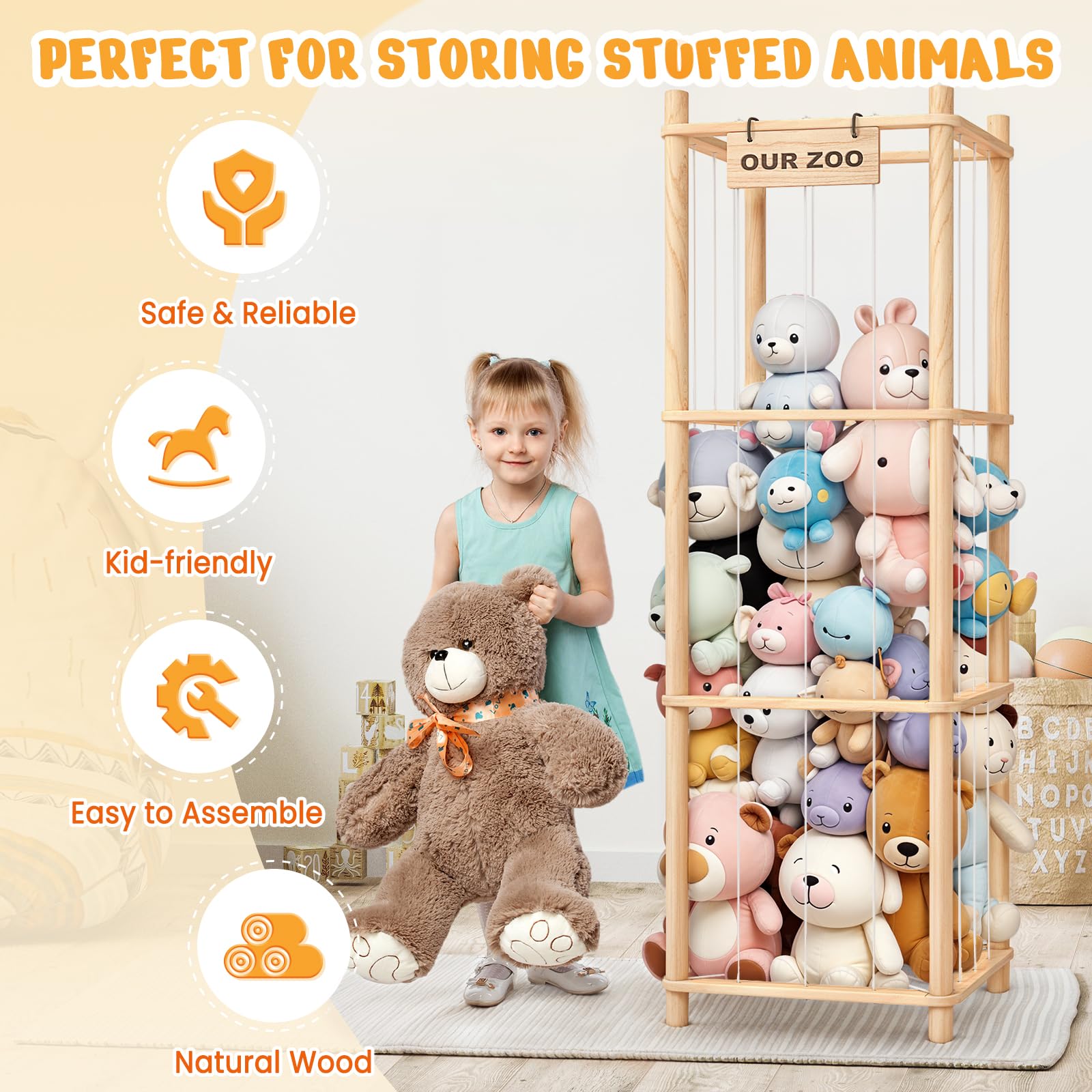 Stuffed Animal Storage & Organizer, Wooden Cute Zoo Toy Holder for Toddler Rooms, Playrooms & Bedrooms