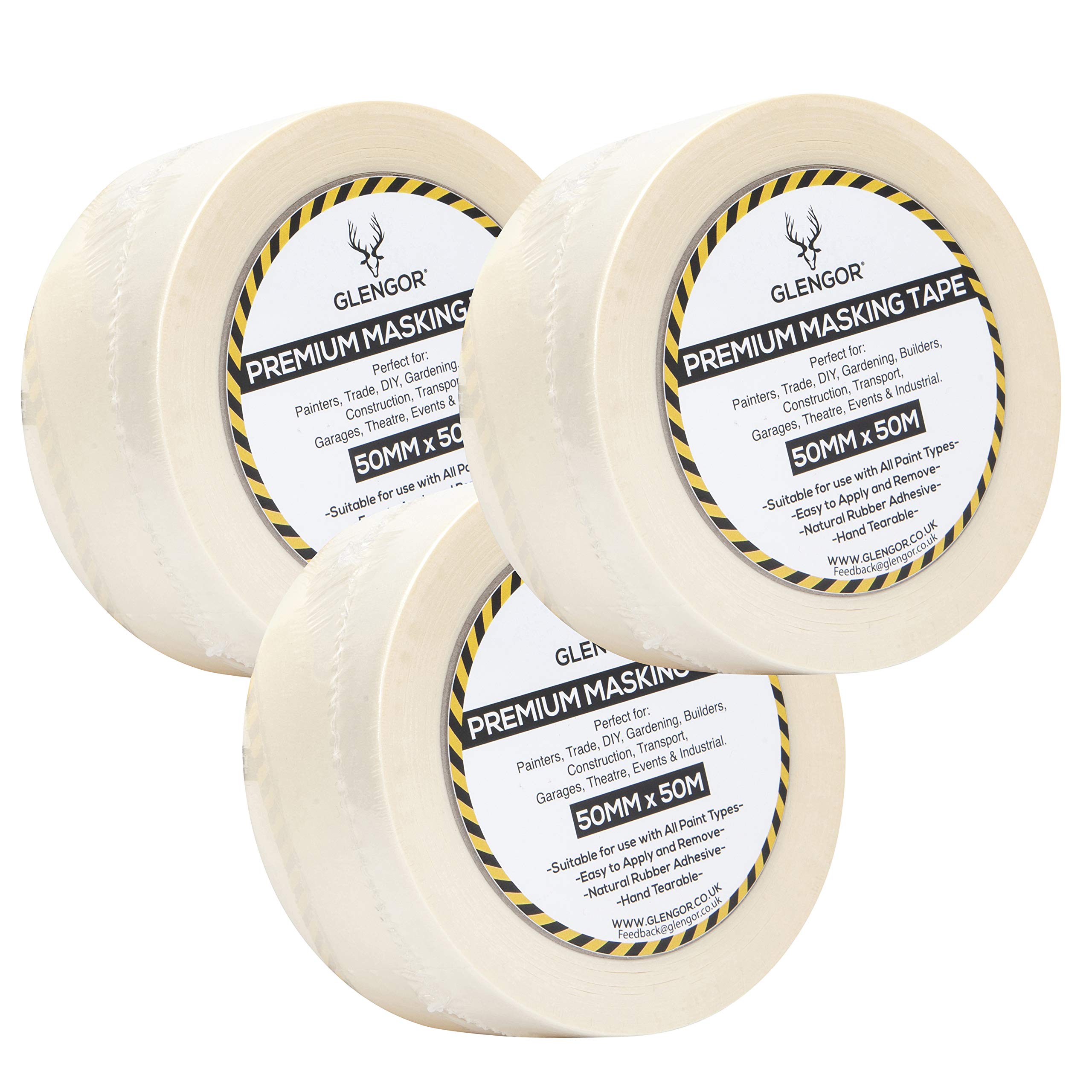 Glengor Premium Masking Tape, Triple Pack, 50mm (2”) x 50m, Painting & Decorating, Strong Adhesive, 3 Rolls.