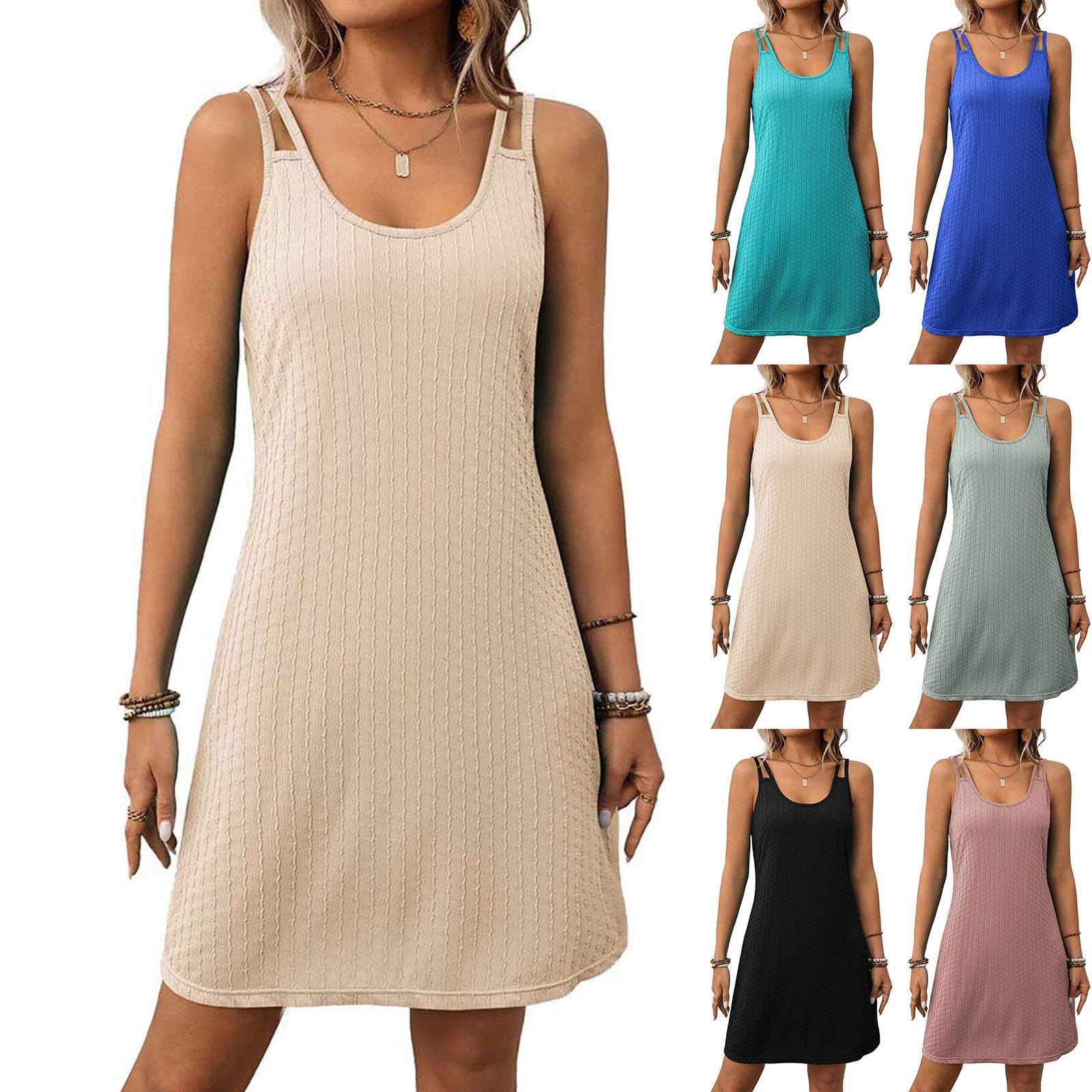 ATALRPOU Strappy Tank Dress for Women Pleated A Line Mini Dress Knee Length Shift Sundress Brunch Outfits for Women Flattering Dress to Hide Tummy Vestidos Verano para Mujer 2026
