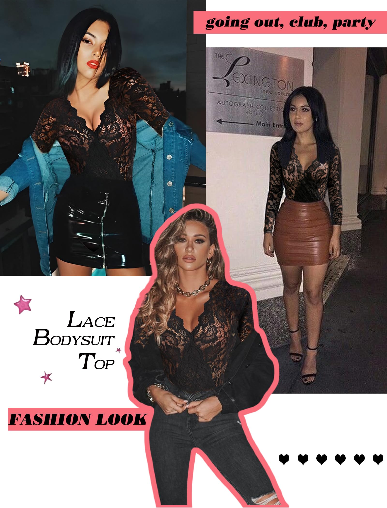 Avidlove Lace Bodysuit for Women Sexy Long Sleeve V Neck Body Suits Going Out Tops Snap Crotch One Piece Teddy Lingerie