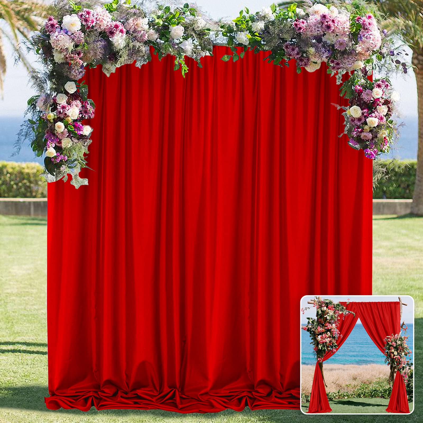 Photo 1 of 10ft x 10ft Red Backdrop Curtains for Party Valentine's Day Arch Stage Wedding Ceremony Curtains Fabric Photography Backdrop for Baby Showers Rod Pocket Home Decoration, 5ft x 10ft, 2 Panels