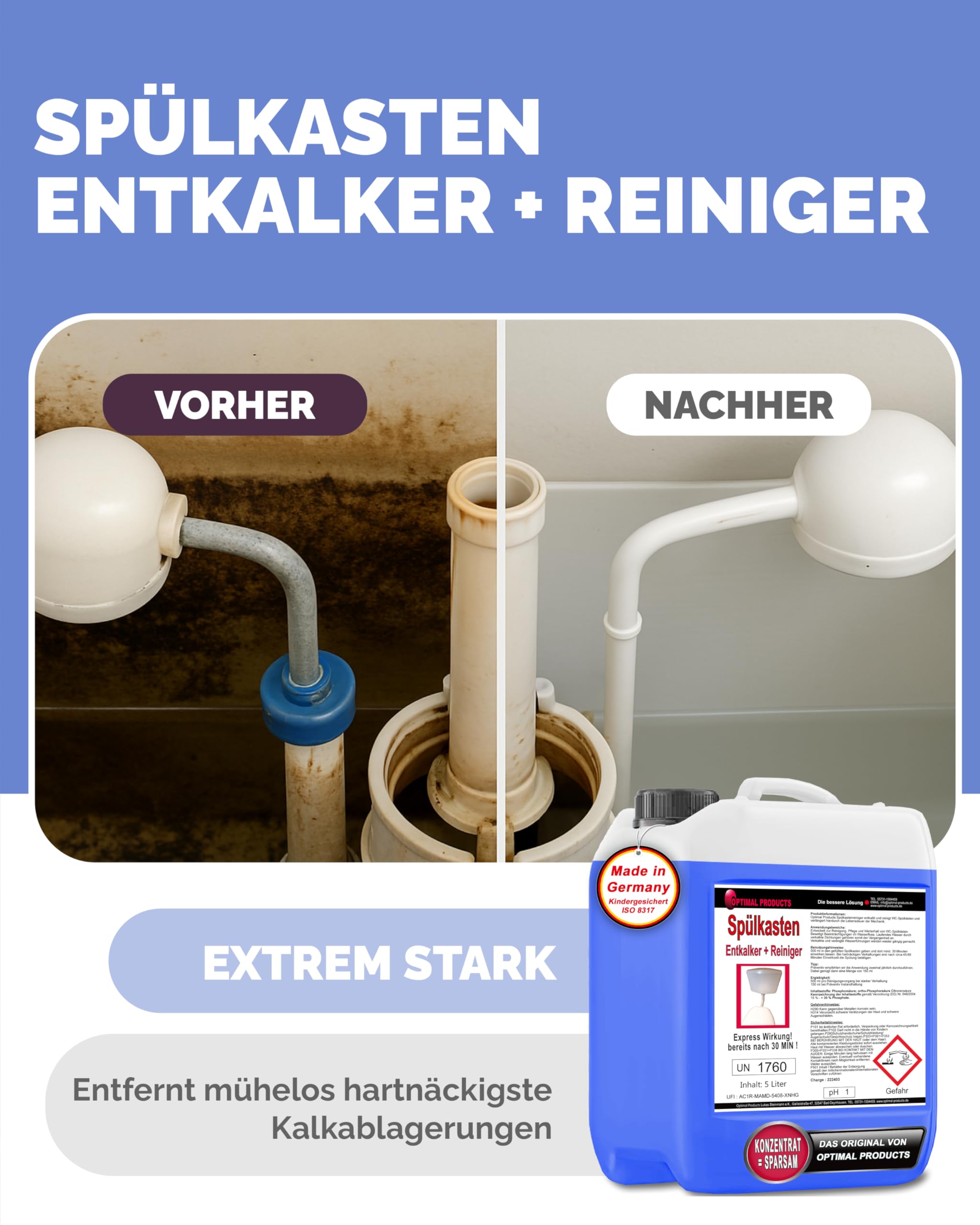 Optimal Products 5 Liter Spülkasten Entkalker mit Express-Wirkung nach 30 Minuten, 2 in 1 - Löst Kalk und reinigt den WC-Spülkasten 3