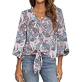 VIISHOW Women's Button V Neck Chiffon Tops 3/4 Bell Sleeve Tie Knot Casual Blouses Loose Summer Shirts