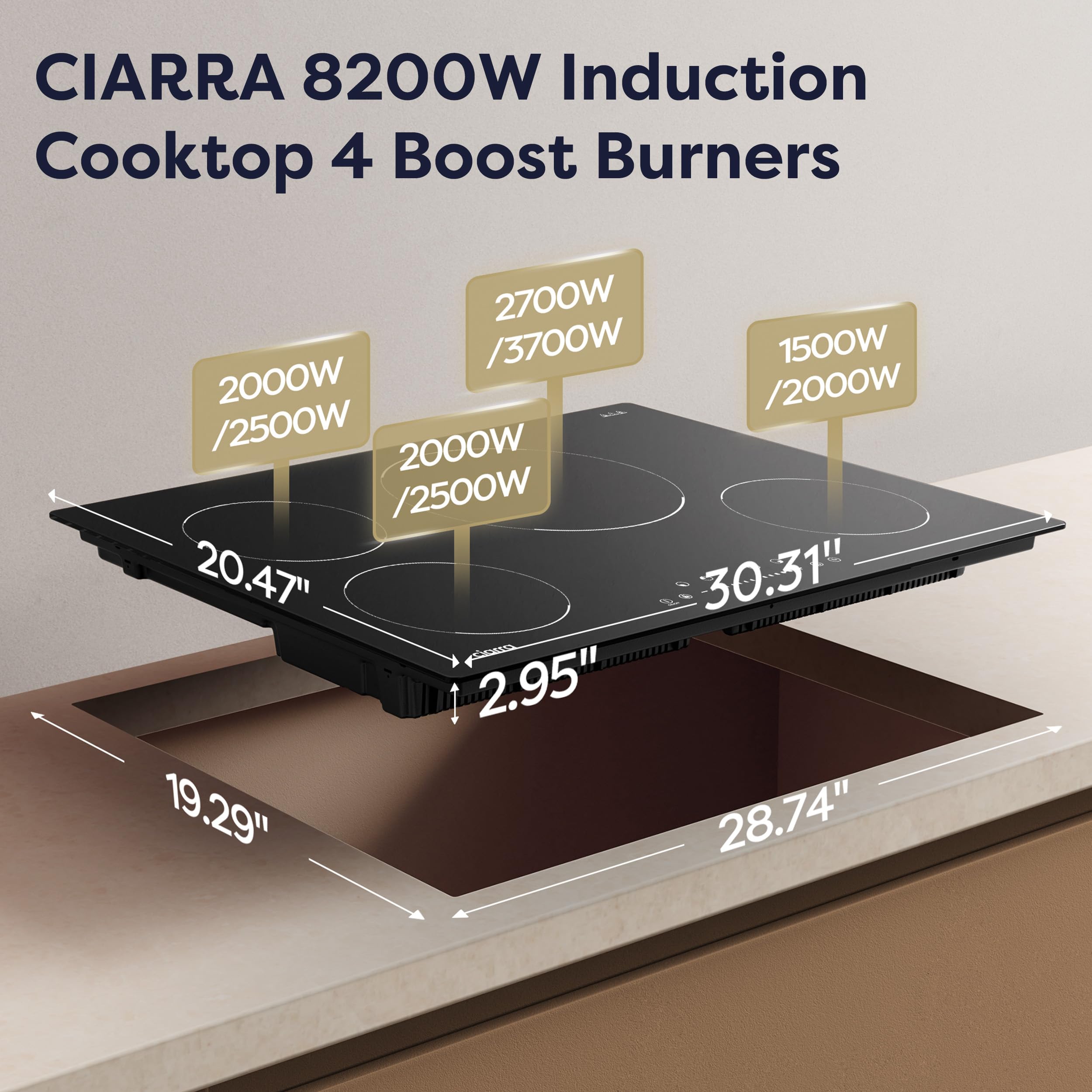 CIARRA 30 inch Induction Cooktop 4 Burners, 8200W Built-in Induction Stovetop with Booster, Timer & Safety Lock
