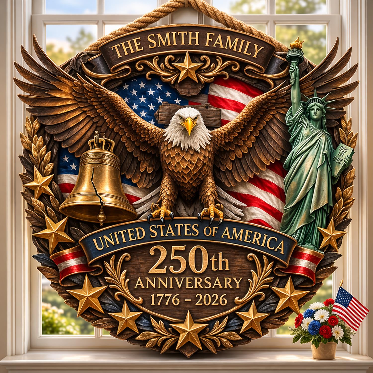 NAZENTI Personalized 250th Anniversary 4th of July Door Sign with Family Name, Custom Door Wreaths for 250 USA Anniversary, Customized Patriotic Decorations, 250 Year America Outdoor Decorations A18