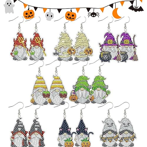 Jodsen 8 Pairs Halloween Diamond Paintings Earrings, 5D DIY Double-Sided Mosaic Earring Kits, Halloween Diamond Paintings Drop Earrings Jewelry Making for Women Girls Gifts (HalloweenB)