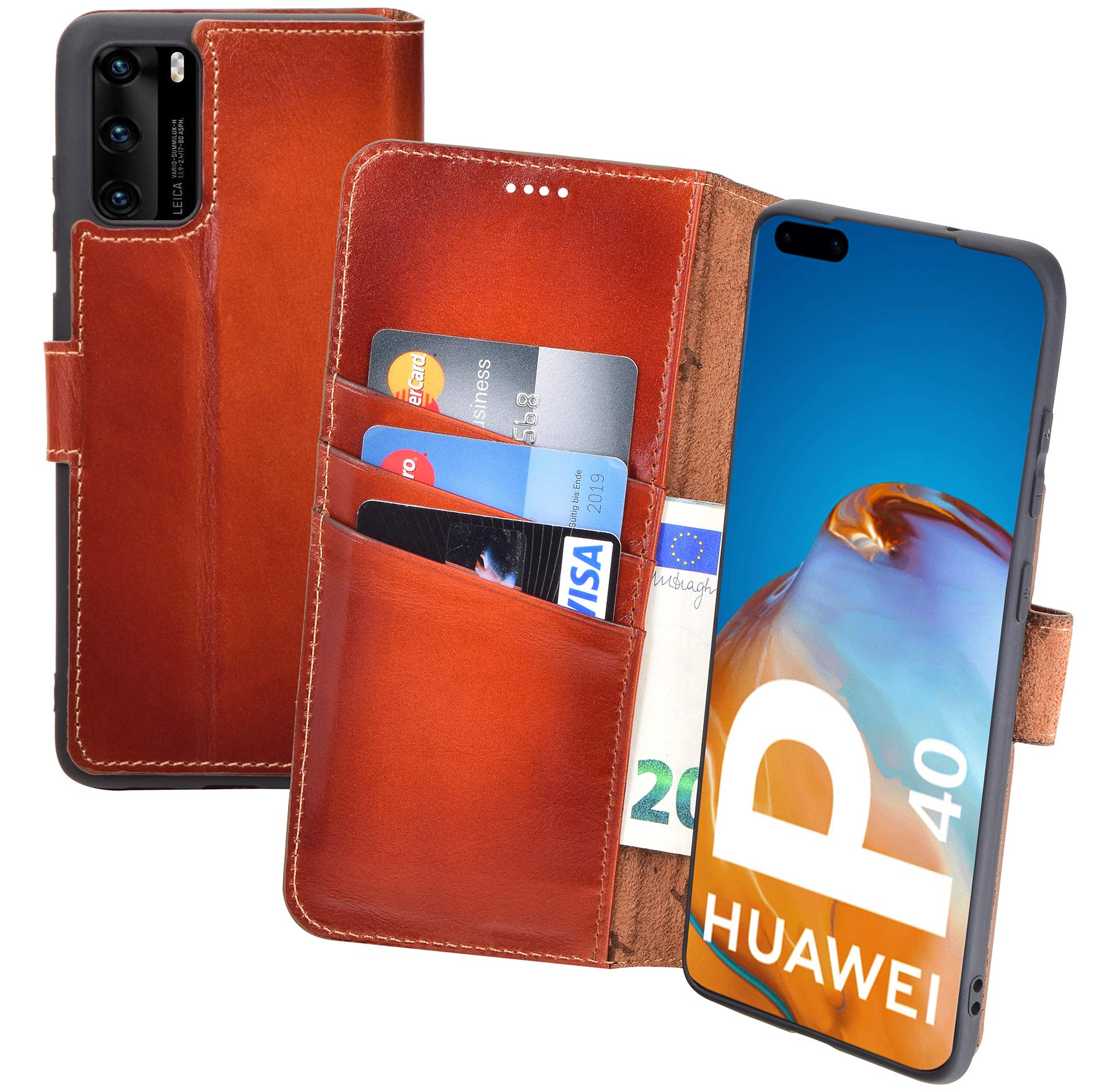 Suncase Book-style case compatible with Huawei P40 leather case (slim fit) leather mobile phone case protective case with 3 card slots in burned cognac.