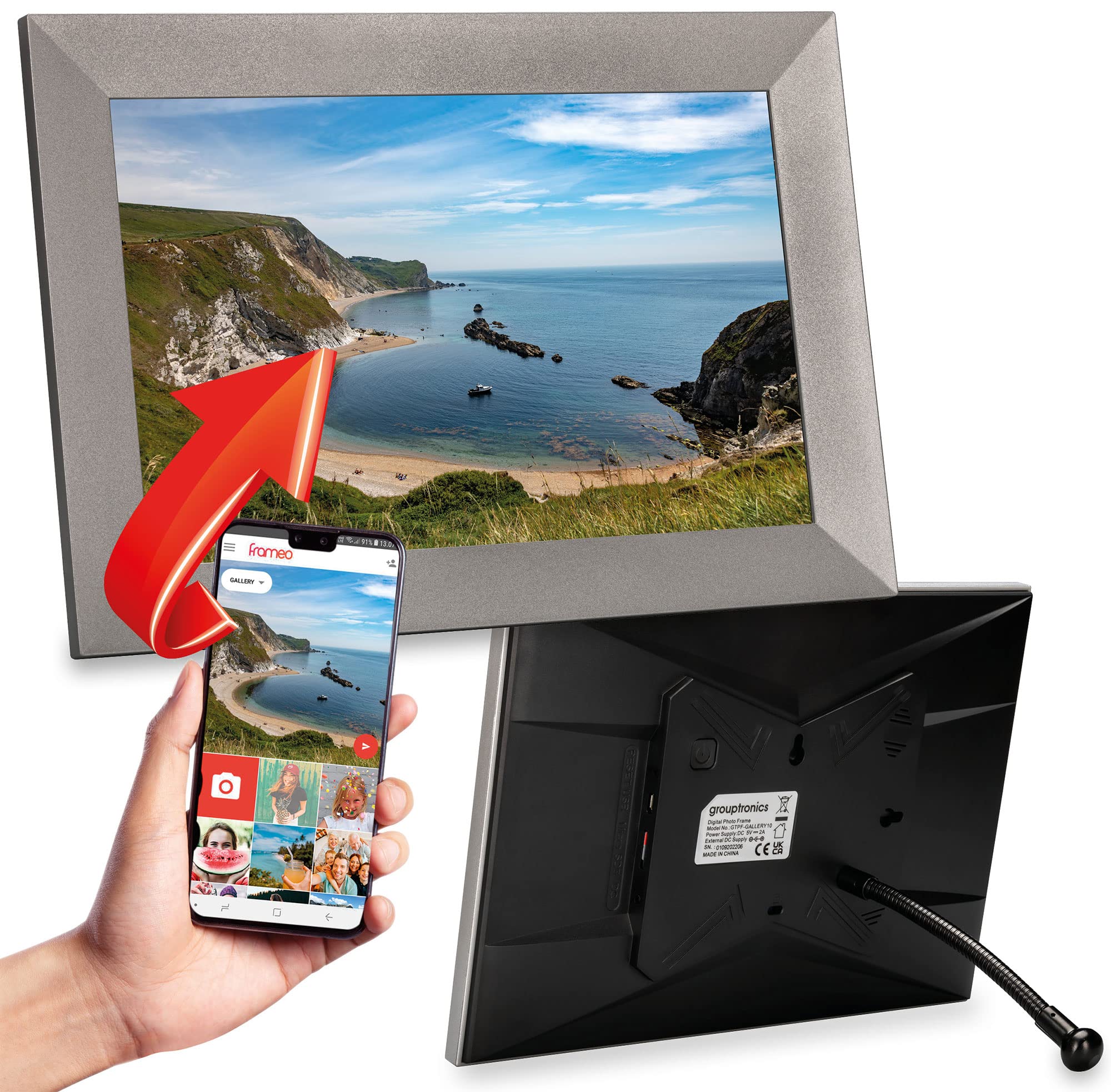 Grouptronics Gallery10 Easy To Use Wi-Fi Digital Photo Frame – 10 Inch, Send Photo or Video Via Free Phone App - Touch Screen, Auto Sleep & Rotate, Bendy Stand, Landscape or Portrait, 16GB - Silver