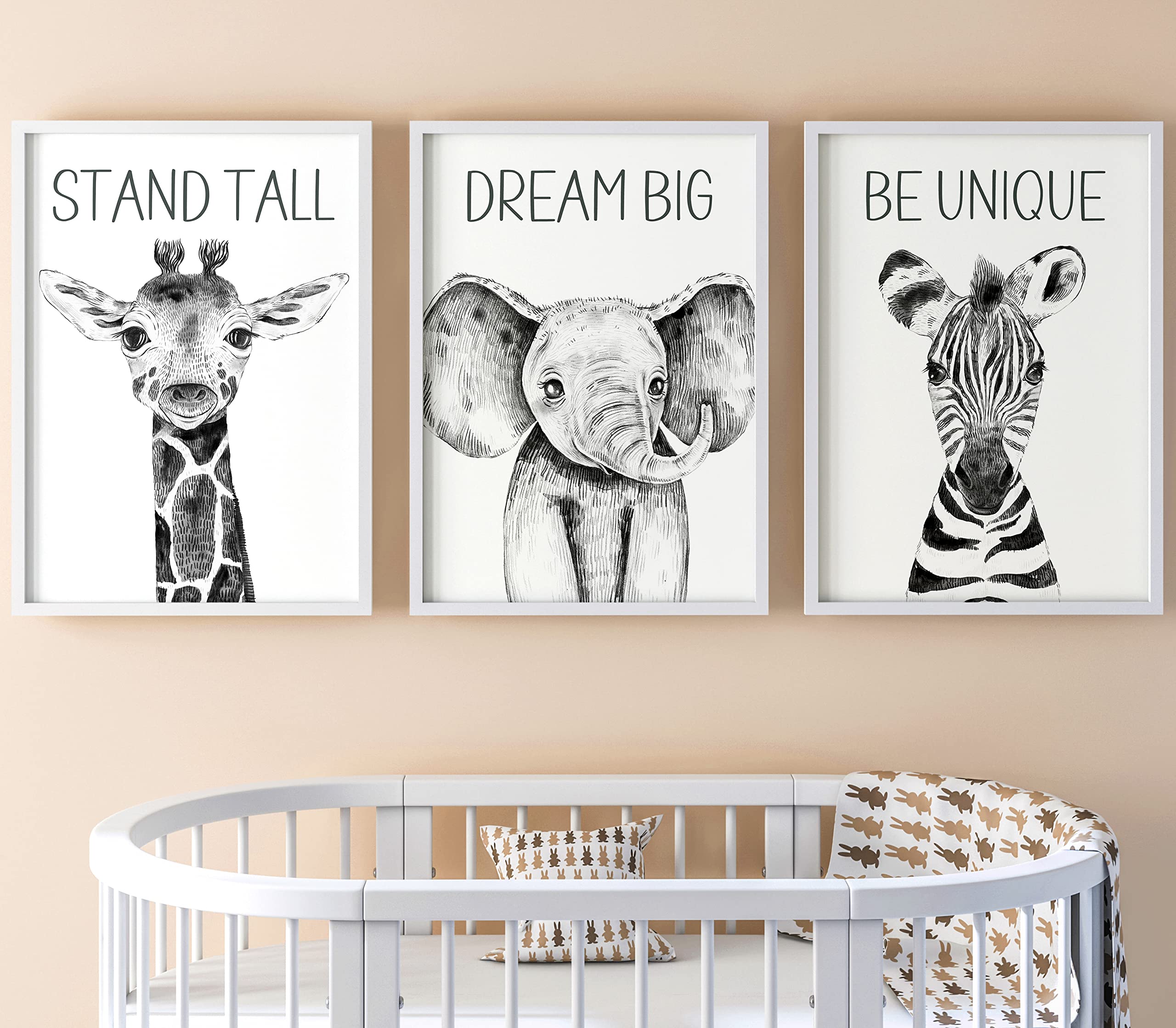 Safari Animals Baby Girl Boy Set of 3 Nursery Unframed Prints, Bedroom Decor Wall Art Posters, Elephant Giraffe Zebra Quotes, Black White Style Prints (3 prints - Quotes, A3) — image 1