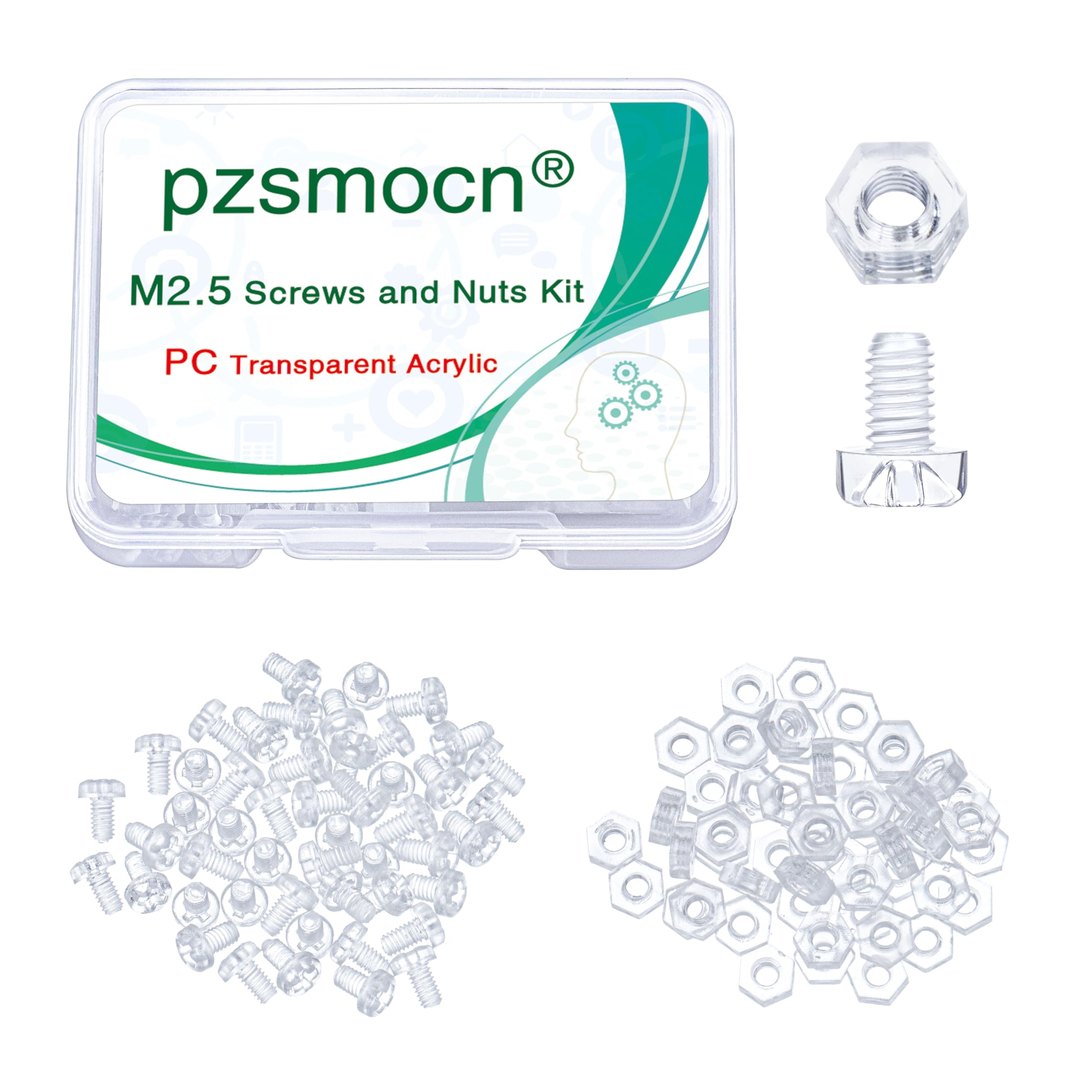 Pzsmocn 100 Pieces/50 Sets M2.5 * 4 mm PC Transparent Plastic Cross-recessed Round Head Screws and Hexagonal Nuts Kit, Corrosion-resistant, for DIY, Model and Electronic Product Fixation. — image 1