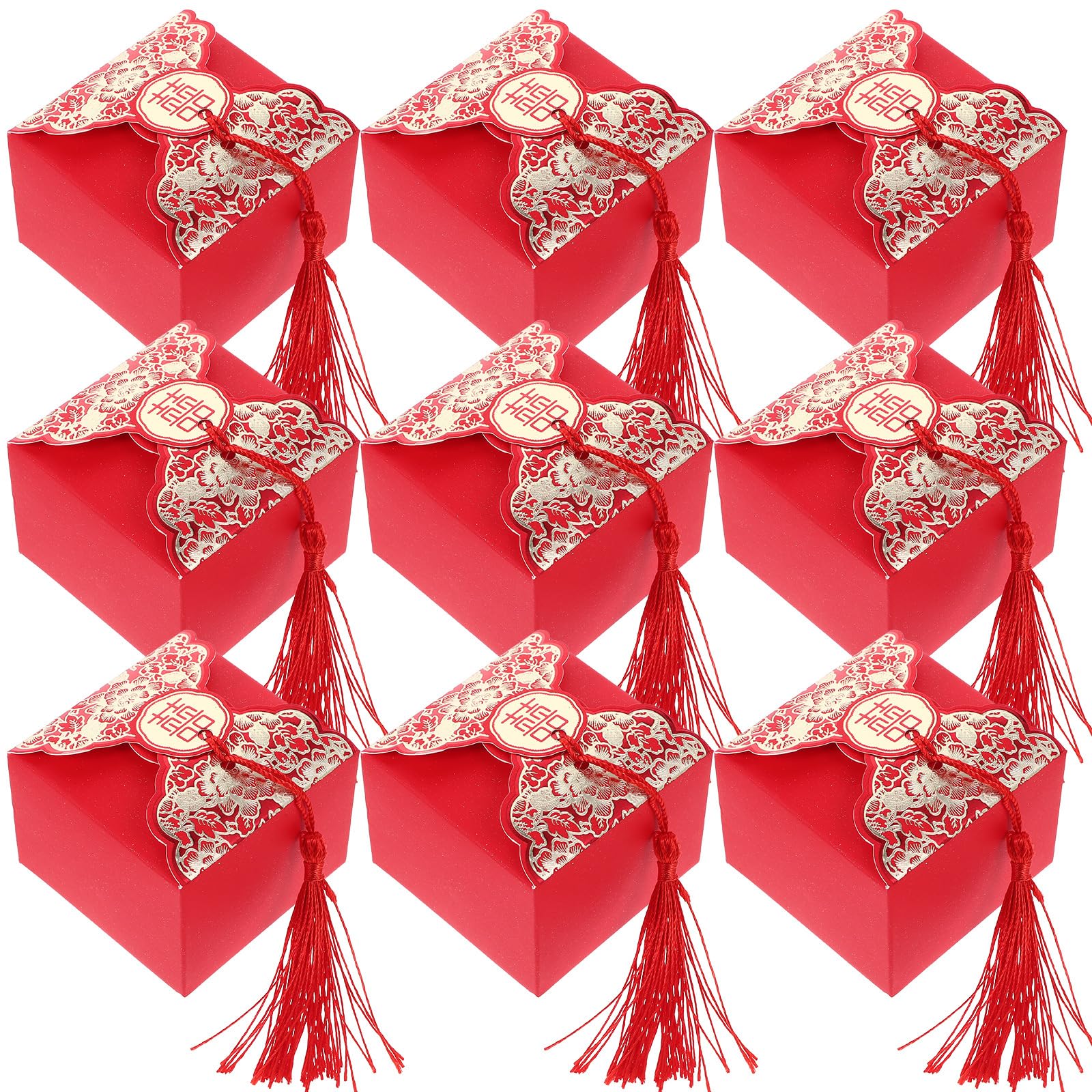 Amosfun 20pcs Chinese Wedding Candy Box Red Favour Treat Boxes with Tassel Sweets Packaging Bags for Wedding Engagement Party Supplies S