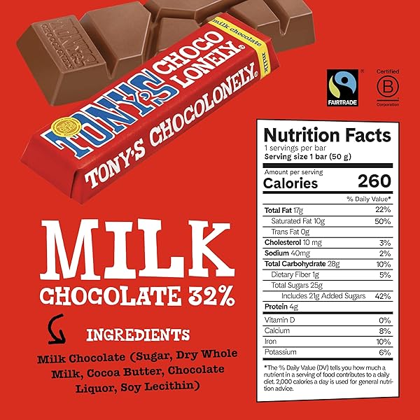 TONY’S CHOCOLONELY BELGIAN MILK CHOCOLATE CANDY BAR, PURE CHOCOLATE BARS FOR SNACKS, PARTY FAVORS, GIFTS, OR GIFT BASKET, 32% CACAO, MADE FROM QUALITY FAIRTRADE COCOA, 20 BARS, 1.76 OZ EACH
