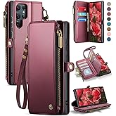Defencase for Galaxy S25 Ultra Case Wallet with RFID Blocking Card Holder for Women Men, PU Leather Magnetic Snap Flip Wrist Strap Zipper Wallet Phone Cases for Samsung Galaxy S25 Ultra 6.9", Wine Red