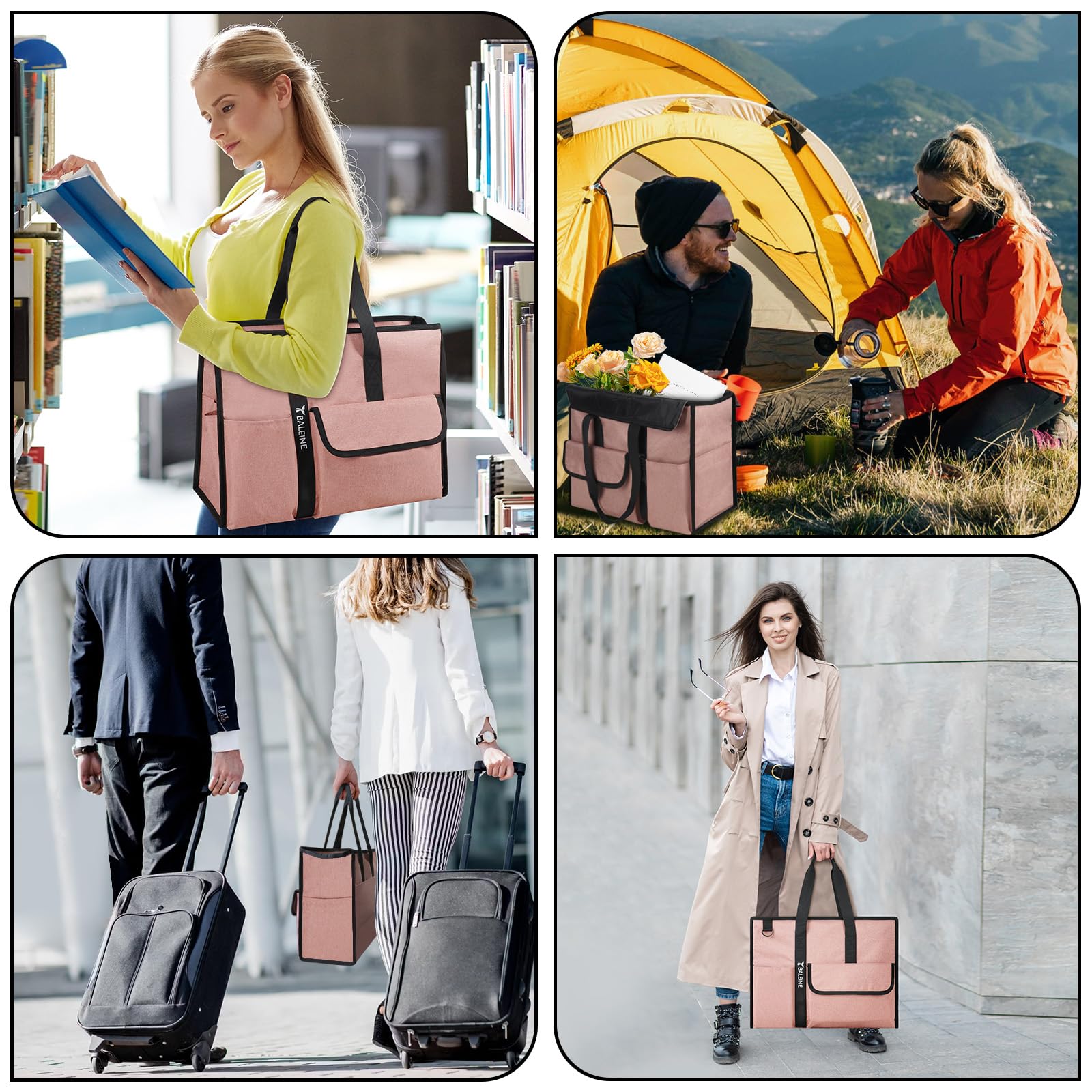 BALEINE Large Utility Tote Bag with Reinforced Bottom, Multi Pockets Foldable Tote Bag for Nurse, Travel, Work