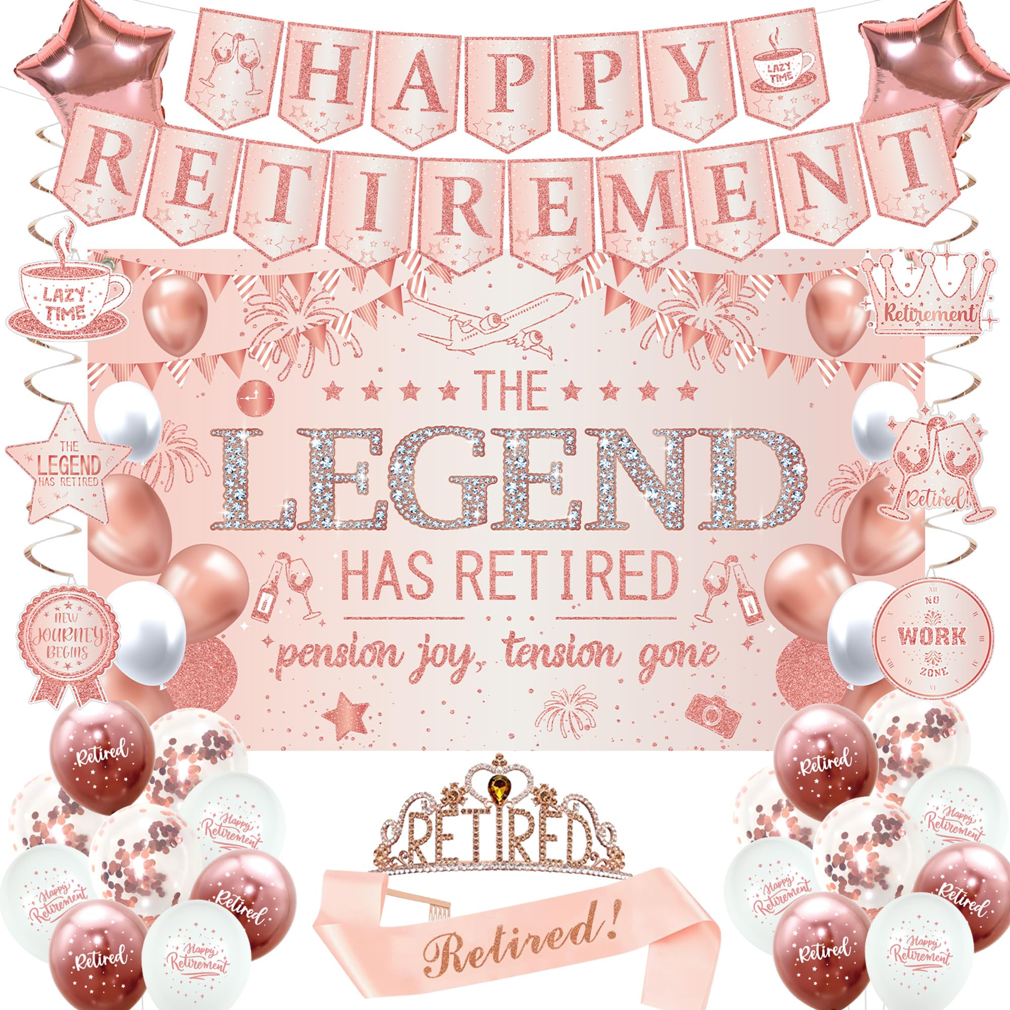 Photo 1 of Roetyce Retirement Party Decorations Women, Rose Gold Happy Retirement Banner Backdrop Balloons Hanging Swirls for Coworker Family, Pink Lengend Has Retired Sash & Crown, Office Retired Background