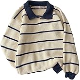 Floerns Women's Collared Striped Sweaters Preppy Oversized Knit Fall Pullover Sweater