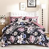 Luxudecor Queen Comforter Set 7 Pieces Bedding Sets,Black Pink Floral Comforter and Sheet Set,Soft Microfiber Bed in a Bag for All Seasons (Black Pink,90"x90")