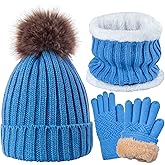 Kids Winter Knit Beanie Hat Scarf Gloves Set for Girls Boys Warm Thick Fleece Lined Cap with Pompom Mittens Neck Warmer