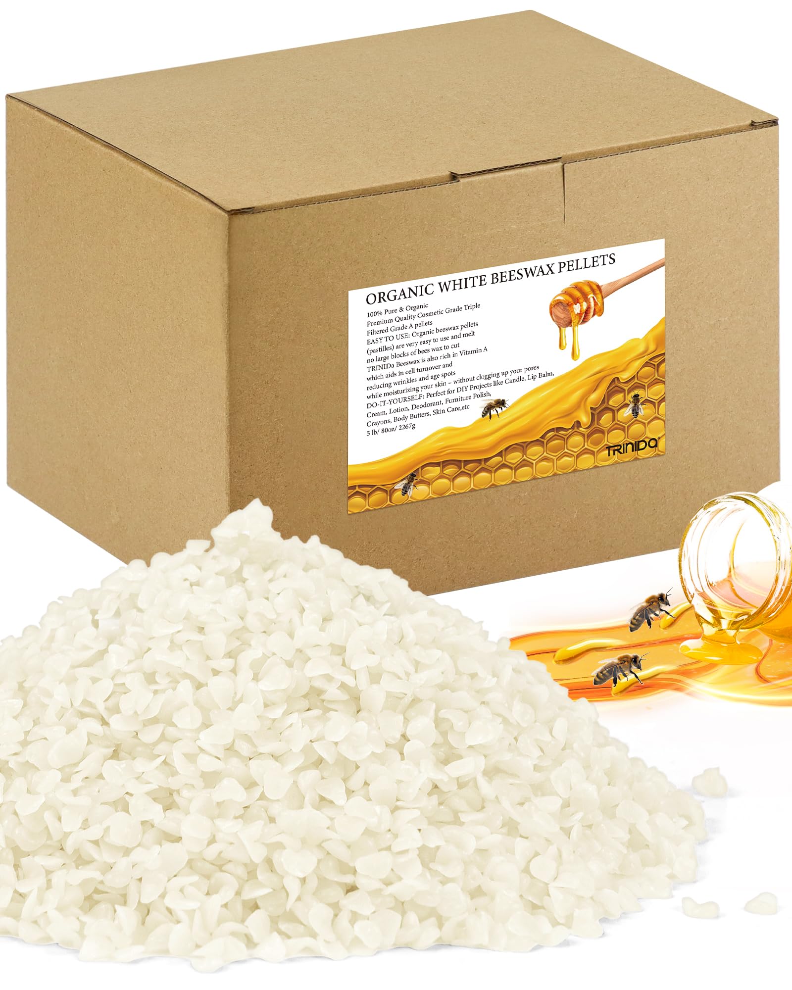 TRINIDa Beeswax Pellets 2.27kg, White Bees Wax for DIY Candles, Beeswax for Candle Making, Skin, Body, Face, and Hair Care, Lotions, DIY Creams, Lip Balm and Soap Making Supplies