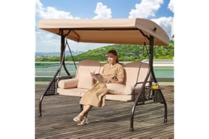 Yalissey 3 in 1 Outdoor Porch Swing with Adjustable Canopy, 3 Seat Outdoor Swing for Adults, Patio Swing Chair with Thickened Cushions,Pillows & Cup Holders for Backyard, Porch, Garden (Khaki)