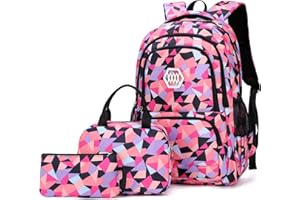 BANSUSU 3Pcs Geometric Print Girls Backpack and Lunch Bag Set for Kids Elmentary Middle School Bags Bookbag