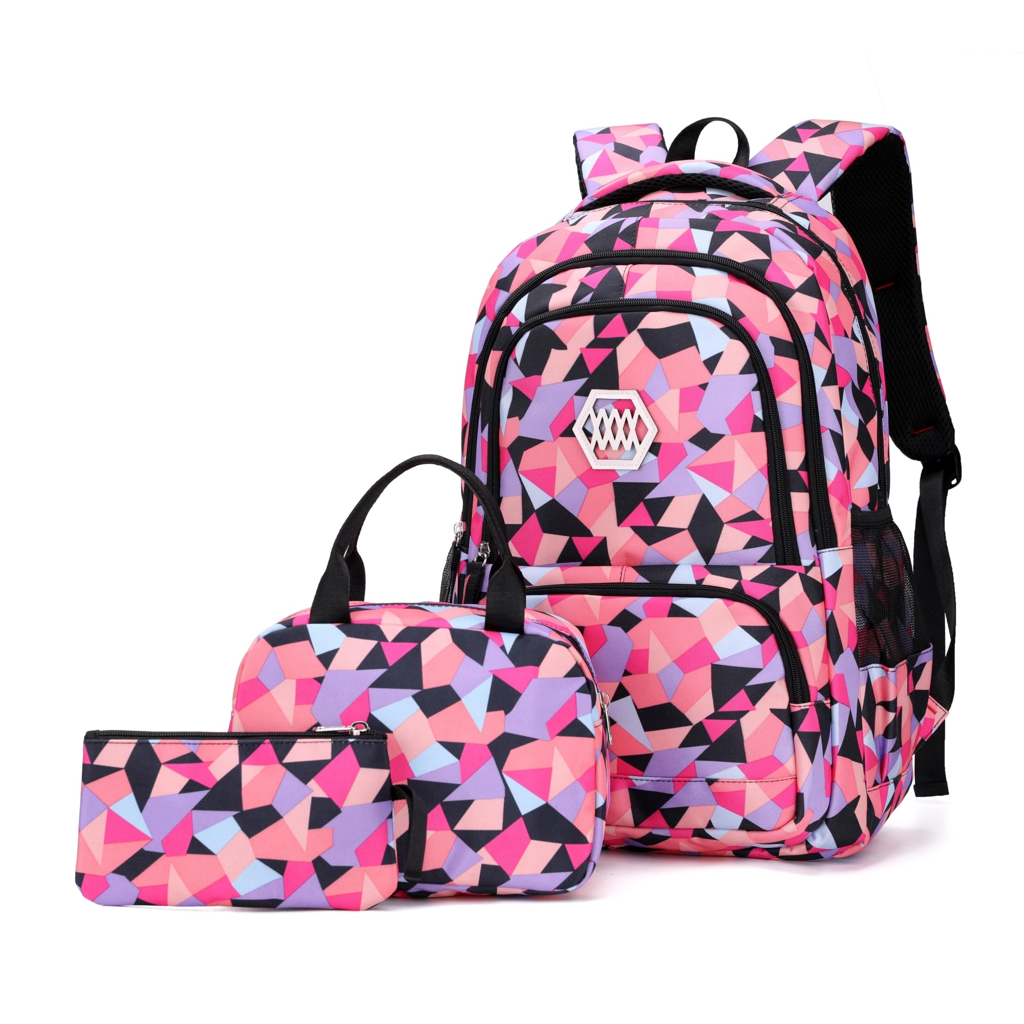 Photo 1 of 3Pcs Geometric Print Girls Backpack and Lunch Bag Set for Kids Elmentary Middle School Bags Bookbag