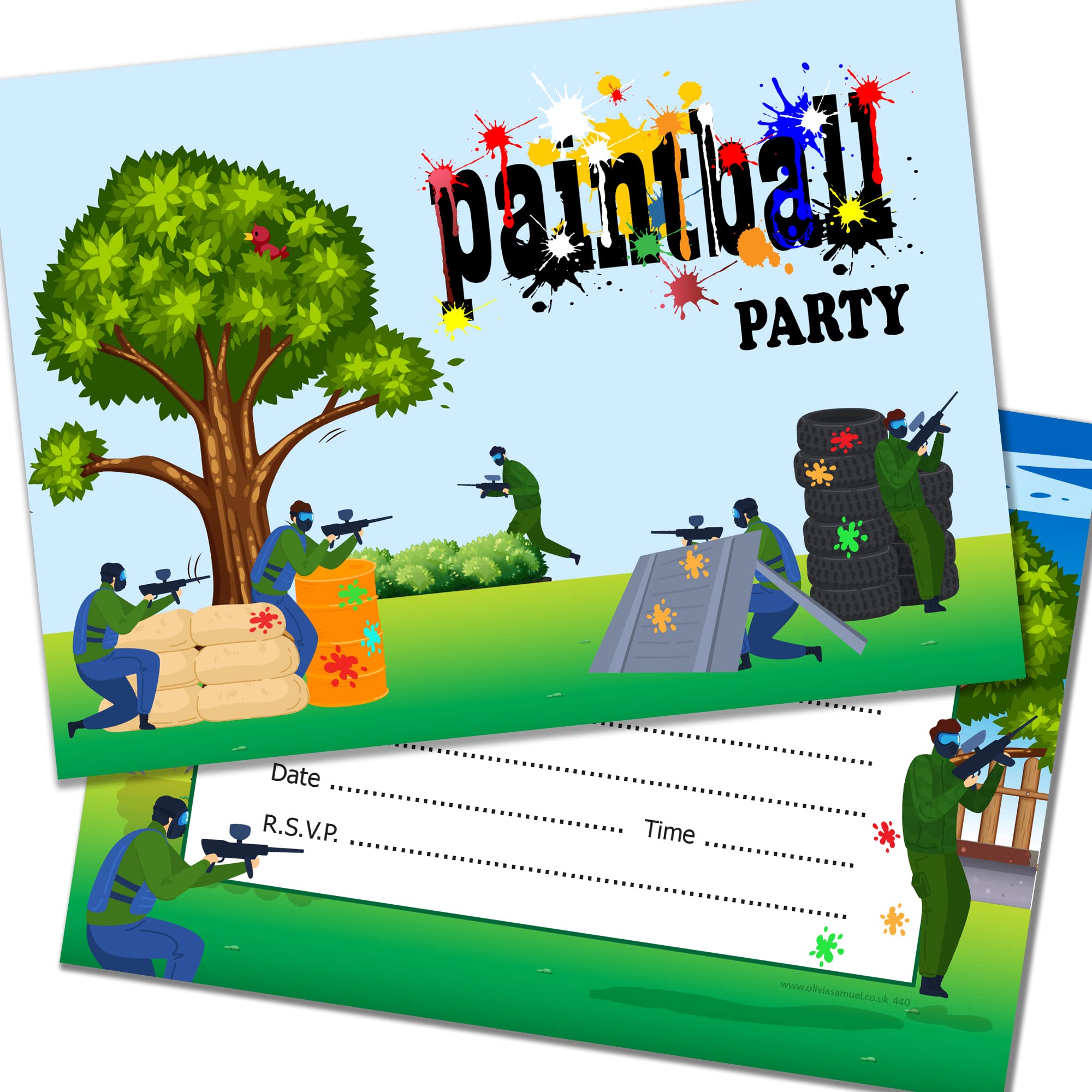 Olivia Samuel 20 x Paintball Birthday Party Invites - Ready to Write with Envelopes - Designed and Printed in the UK
