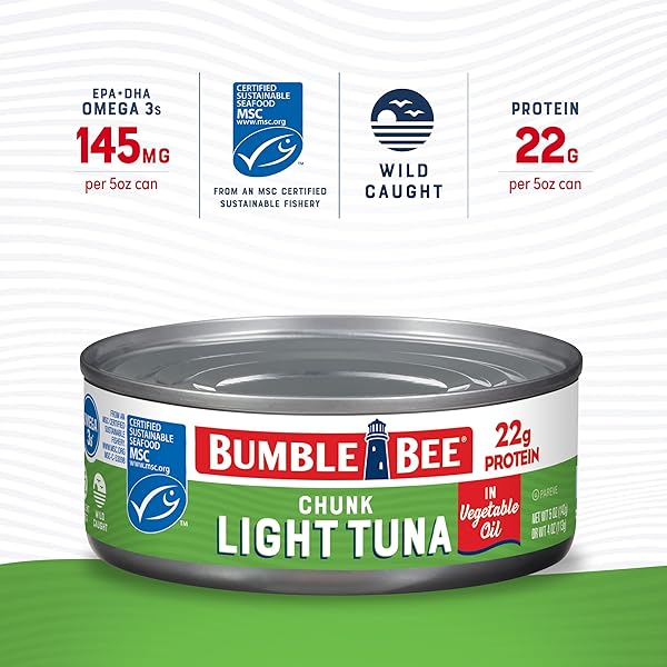 BUMBLE BEE CHUNK LIGHT TUNA IN OIL, 5 OZ CANS (PACK OF 48) – WILD CAUGHT SKIPJACK TUNA – 22G PROTEIN PER SERVING – MSC CERTIFIED SUSTAINABLE SEAFOOD, NON-GMO, GLUTEN FREE, KOSHER