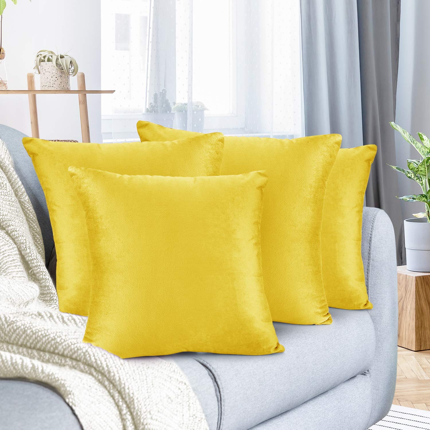 Nestl Throw Pillow Covers, Cozy Velvet Decorative Outdoor Pillow Covers 20X20 Inches, Soft Solid Cushion Covers for Sofa, Bed and Car, Set of 4 - Yellow Image