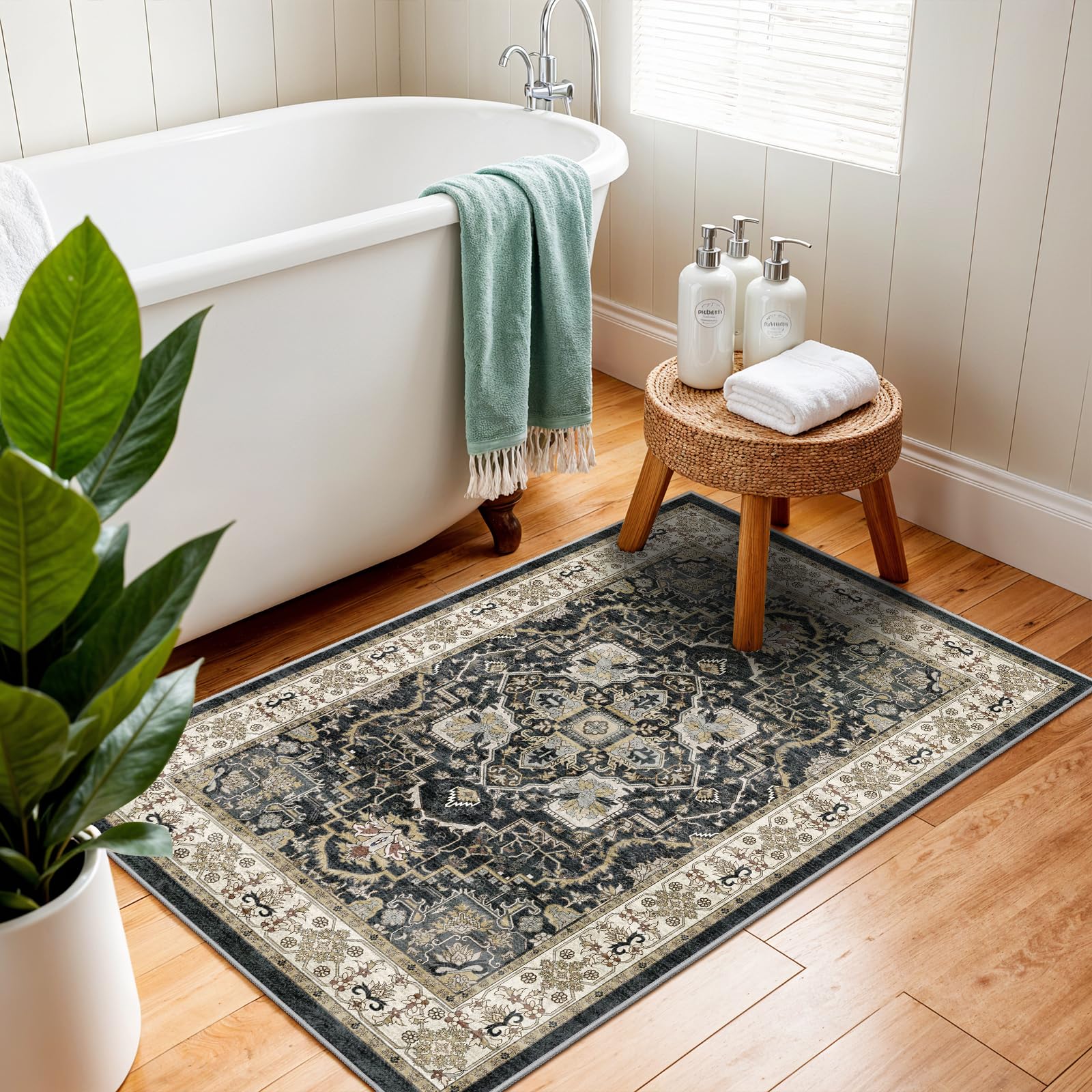 EiniHliw Washable Entryway Runner Rug - 2x3 Kitchen Rug Distressed Low Pile Mats Non Slip Soft Rugs for Dining Room with Rubber Backing Bedroom Runner with Vintage Design (Black 2x3)