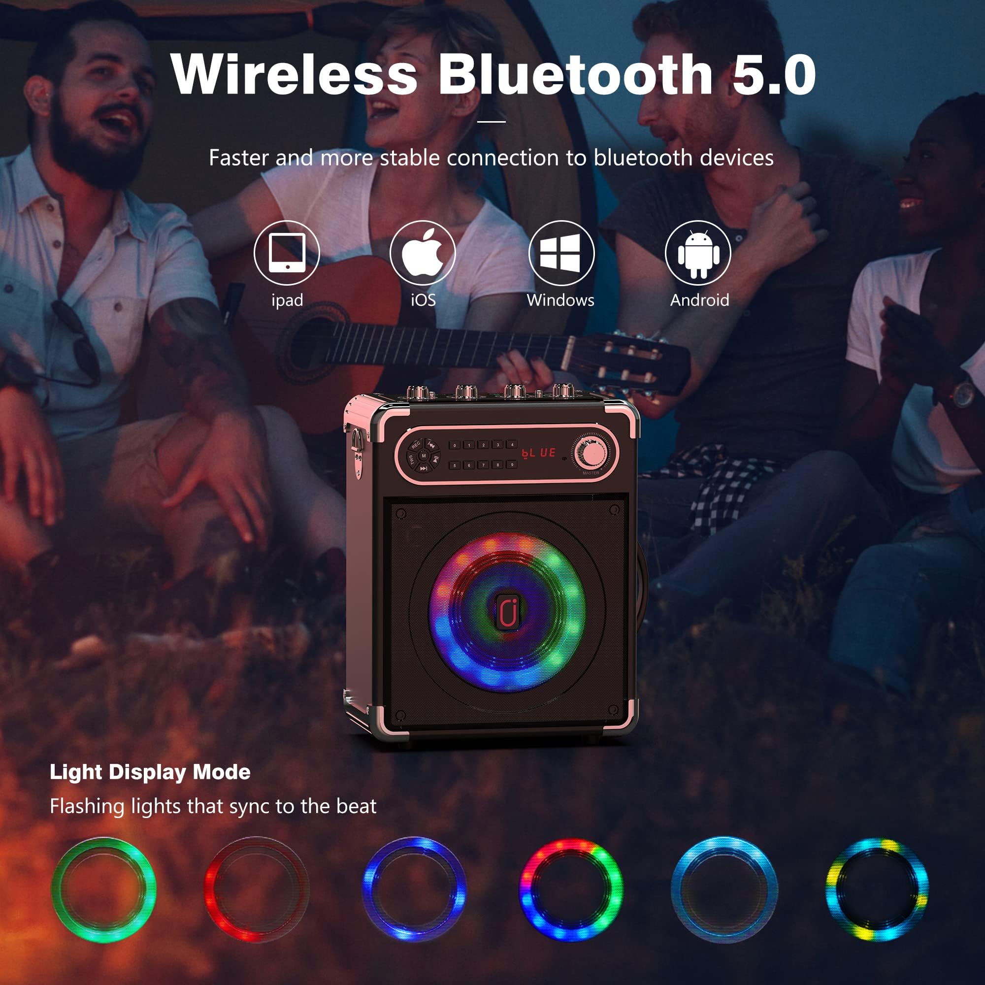 JYX Karaoke Machine with 2 Wireless Microphones, Bluetooth Speaker PA System for Adults and Kids with LED Light, 5200mAh Battery, Supports TWS/REC/FM/AUX in/USB/TF for Christmas Party, Wedding