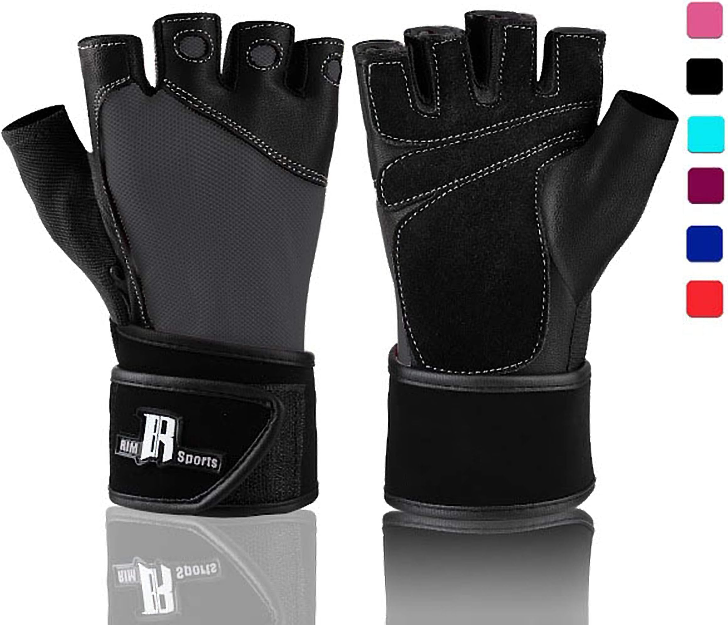 RIMSports Premium Leather Weight Lifting Gloves with Wrist Support for Supreme Protection Wrist Wrap Gloves with Palm Padded and Thumb Protected Workout Gloves for Weightlifting, Pullups & Deadlift