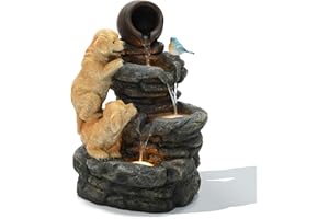 LUXENHÖME LuxenHome Outdoor Water Fountain, 26 Inch Puppy and Rock Resin Water Fountains Indoor with LED Lights, Farmhouse Waterfall Outdoor, Indoor Fountains and Waterfalls for Patio, Garden Decor