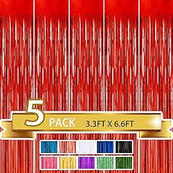 5 Pack Red Metallic Tinsel Foil Fringe Curtains
